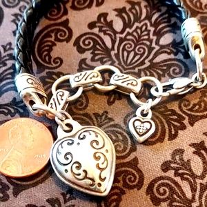 Brighton Kings Road Bracelet Black Leather Heart Charm Retired Vintage 7.5"